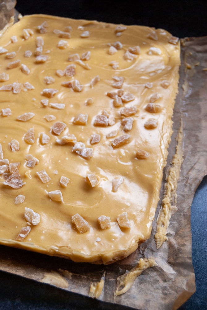 A slab of ginger shortbread covered in a ginger icing