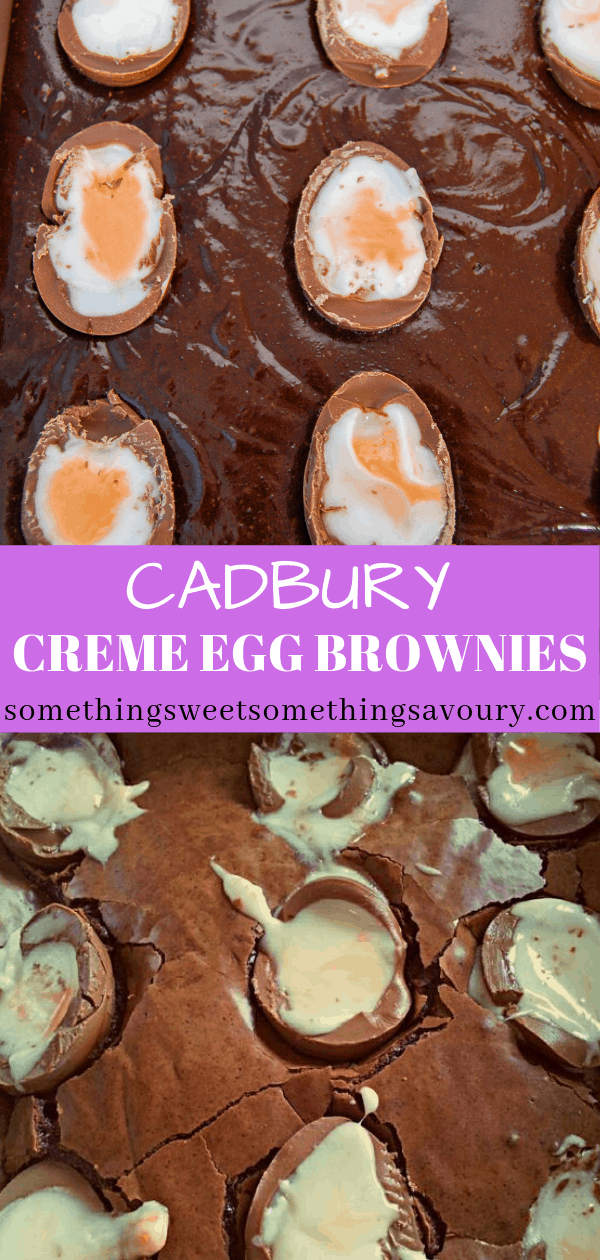 a pinterest image with the words "cadbury creme egg brownies" and two close up pictures of chocolate brownies topped with creme eggs