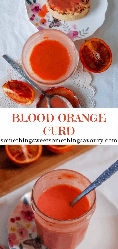 A pinterest pin with the words "blood orange curd" and two pictures of a jar of orange curd on a floral plate and white tablecloth