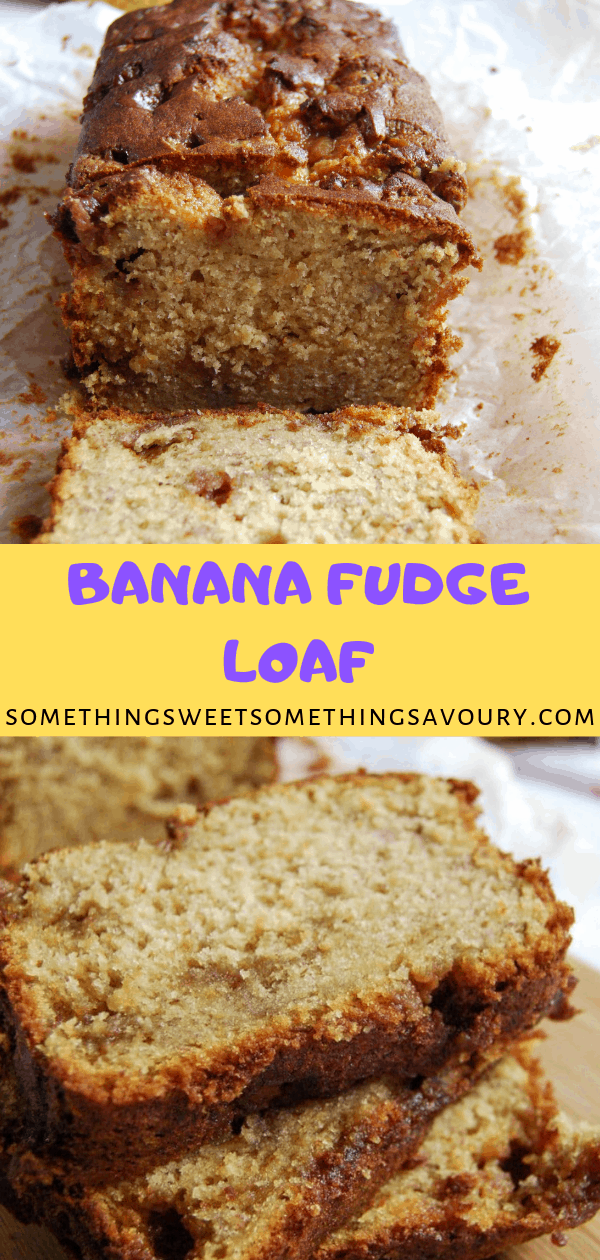 A Pinterest pin of two pictures of a banana fudge loaf on a wooden board.