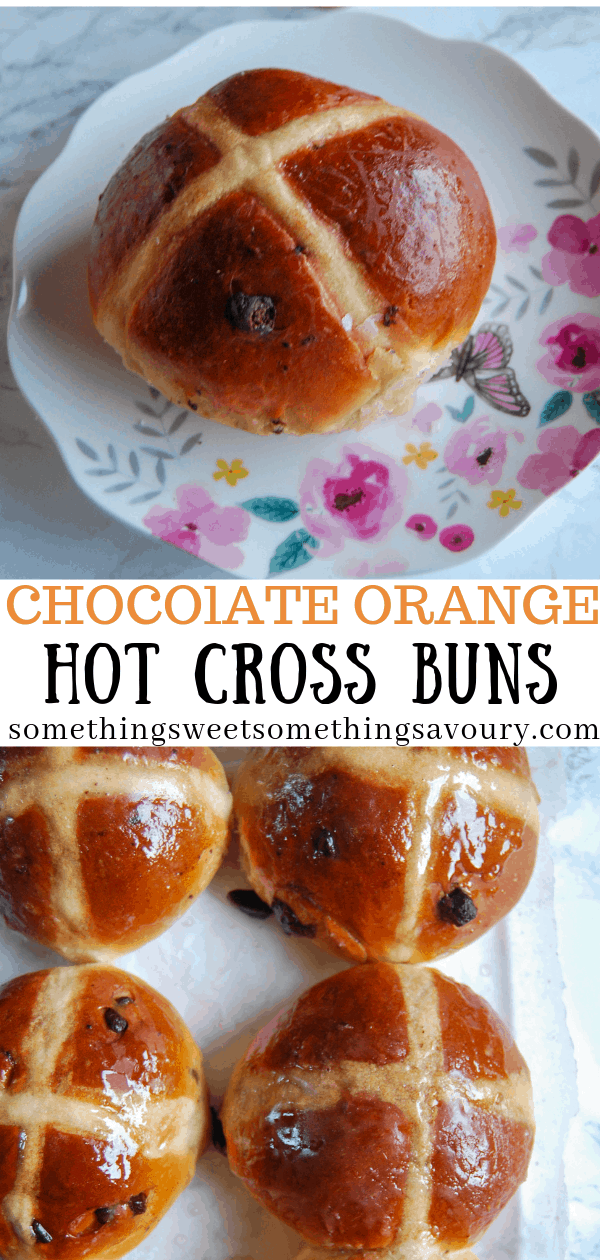 A picture of a chocolate orange hot cross bun on a pretty floral plate