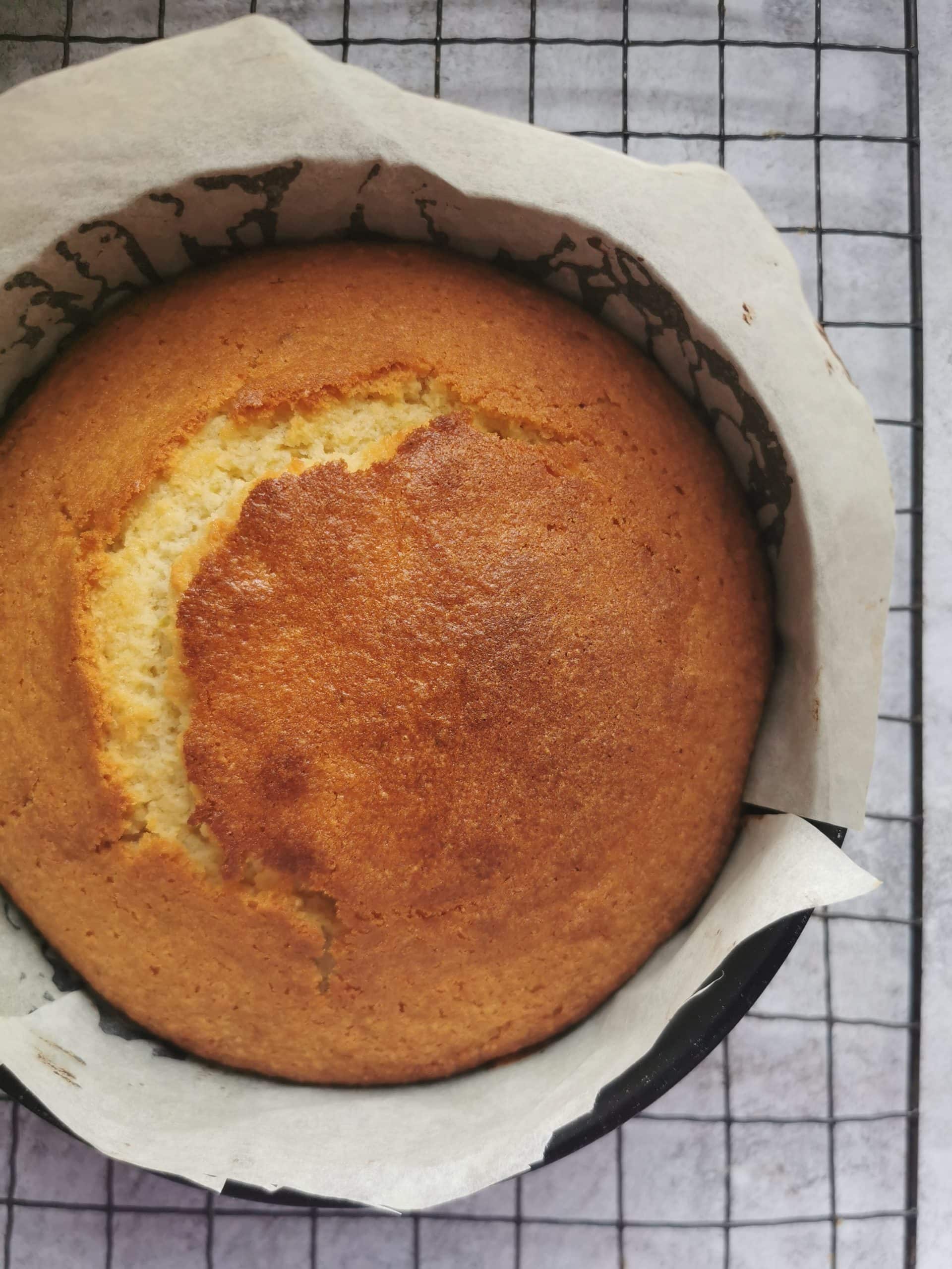 A round golden madeira cake in a cake tin on a black wire rack