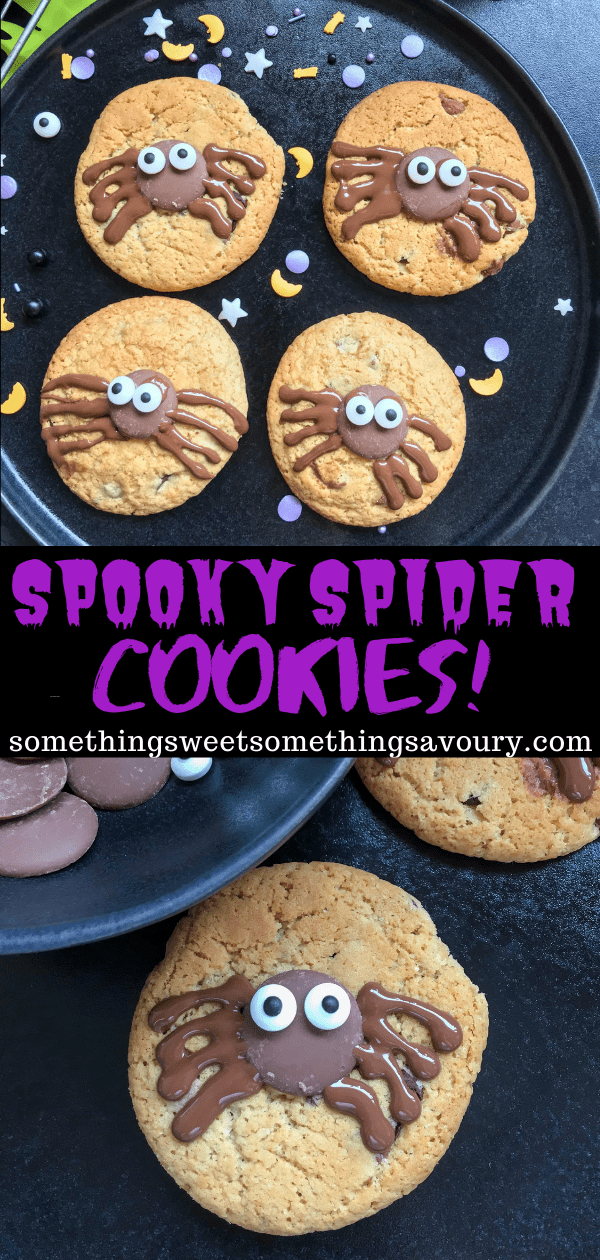 A Pinterest pin with the words "Spooky spider cookies!" in purple writing and two photos of chocolate chip cookies decorated with chocolate spiders
