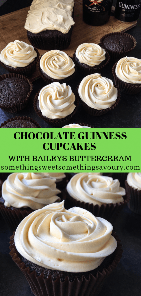 A rpw of Chocolate Guinness Cupcakes with Bailey's buttercream. The dark chocolate cupcakes are topped with a Baileys buttercream rose swirl.
