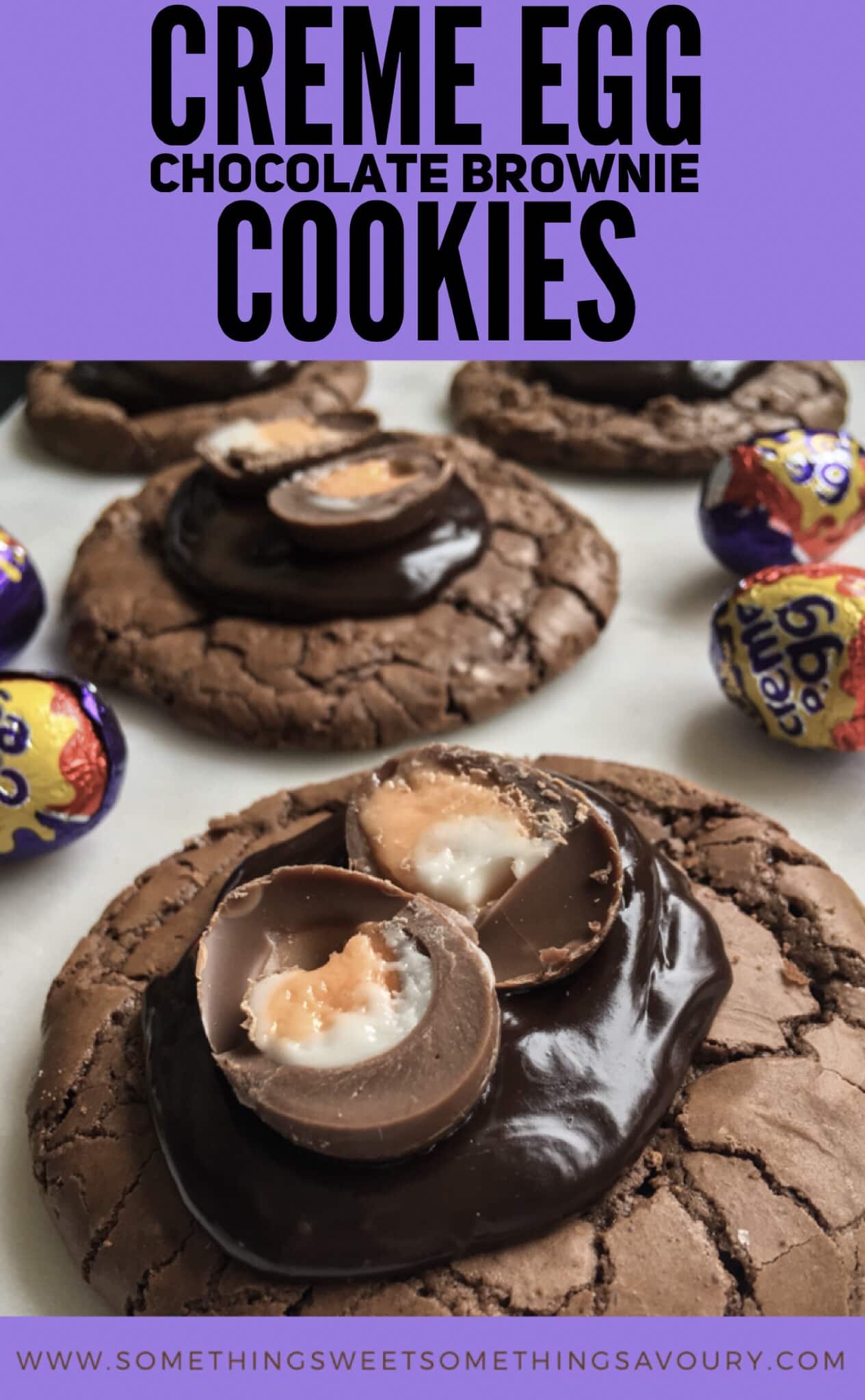 a pinterest pin with the words "creme egg chocolate brownie cookies" in black bold text on a purple background and a picture of a chocolate cookie topped with chocolate ganache and a mini creme egg.