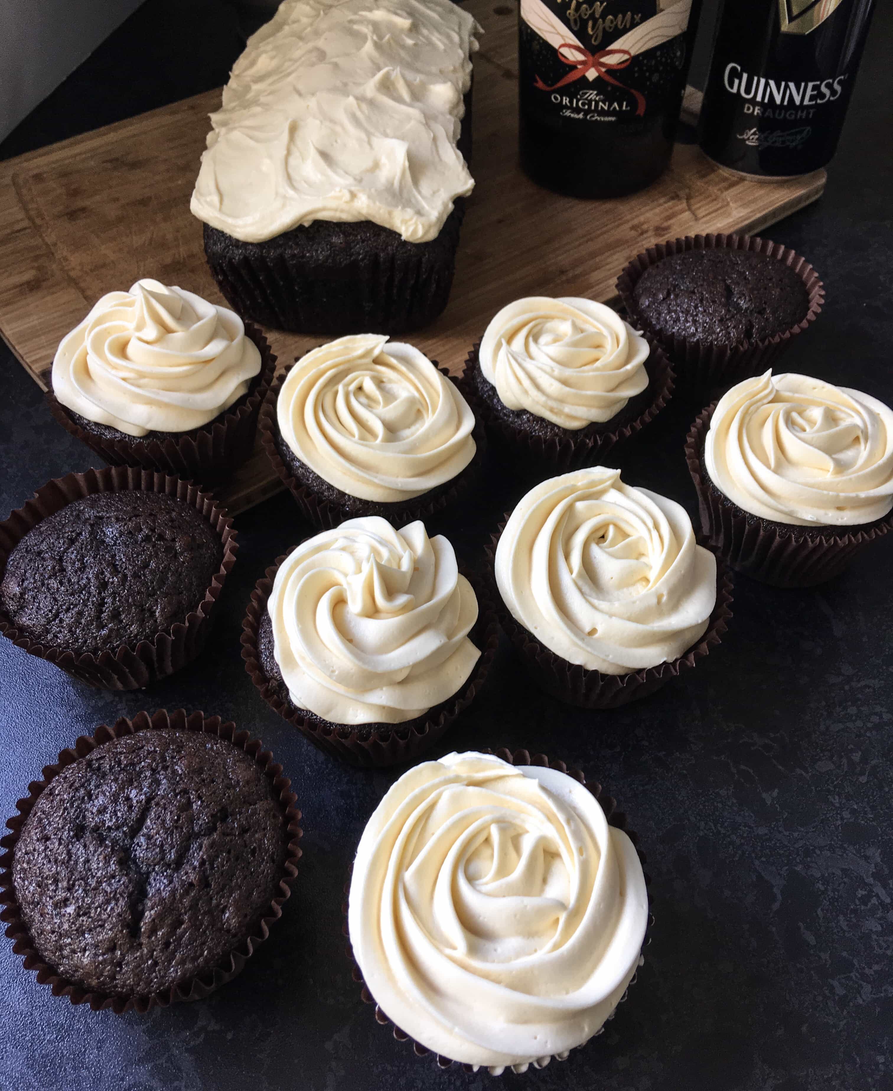 A row of chocolate Guinness cupcakes with Baileys buttercream. 