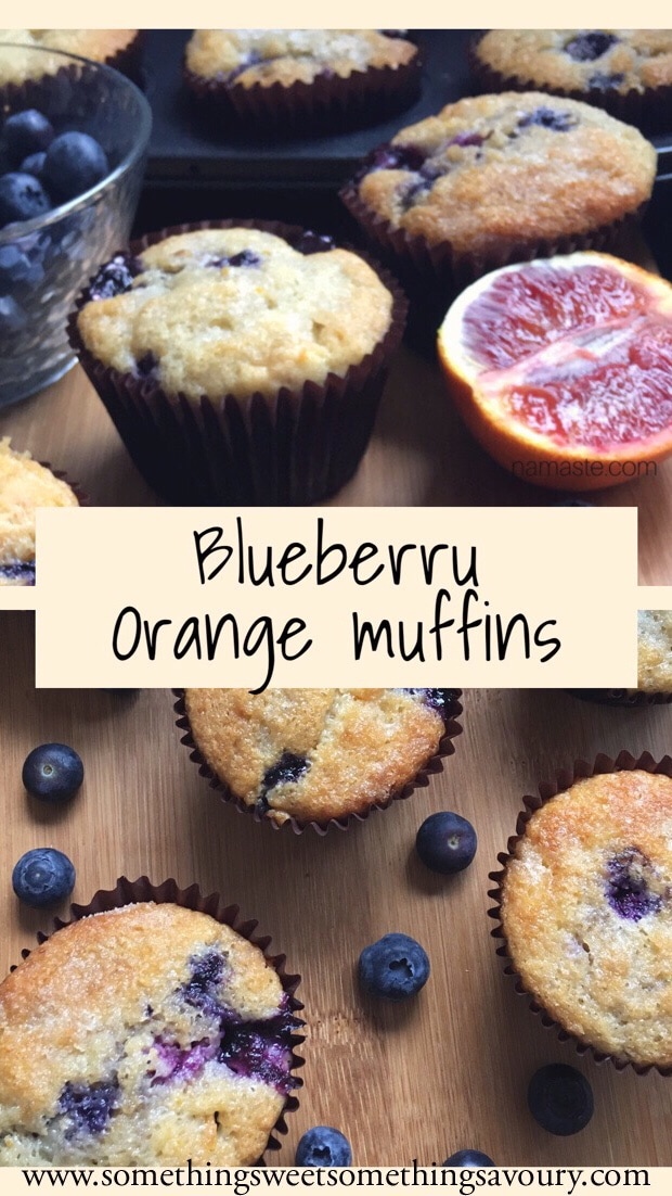 A Pinterest Pin with the words "Blueberry Orange Muffins" with two photos of blueberry muffins and fresh blueberries