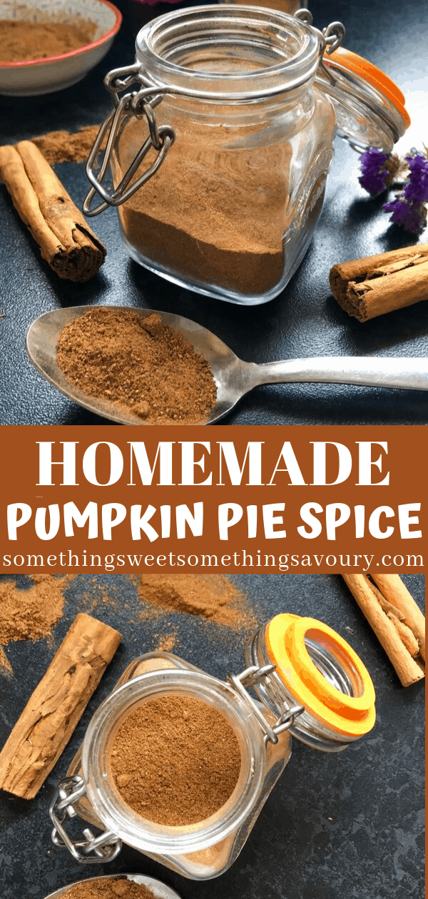 A pinterest pin with the words "homemade pumpkin pie spice" with a photo of a jar of pumpkin spice mix