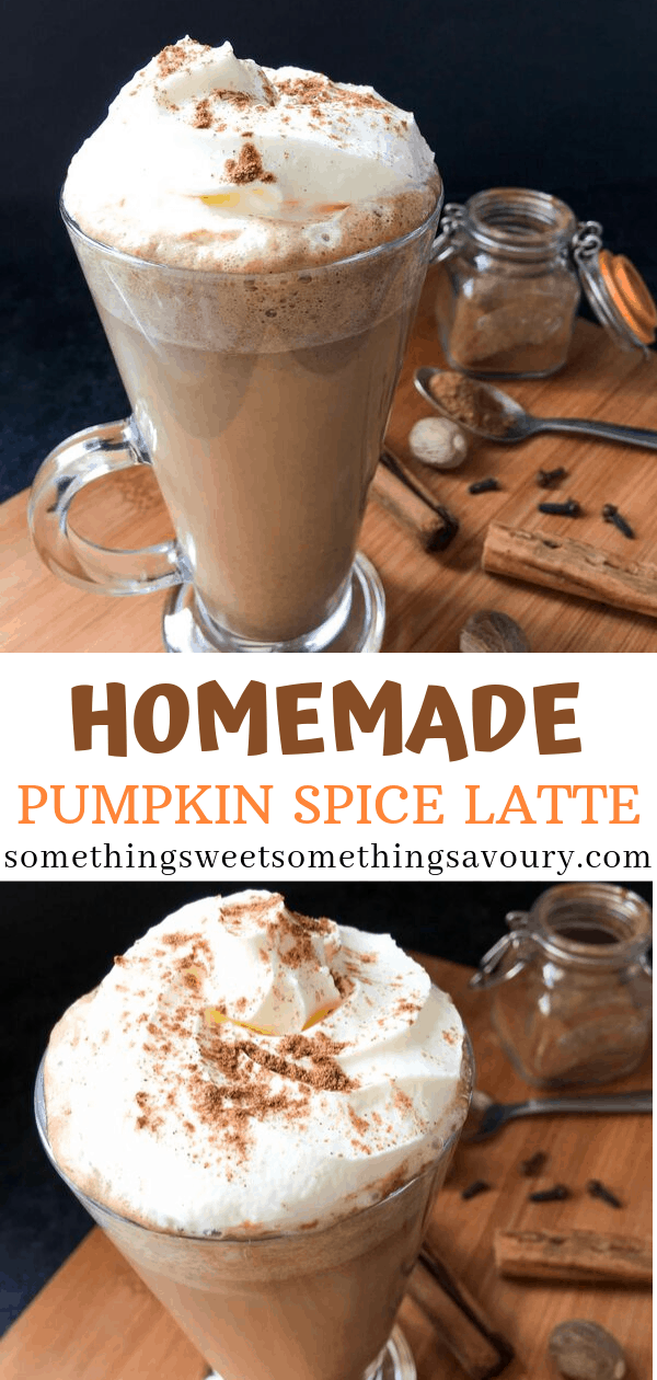 A pinterest pin with the words "homemade pumpkin spice latte" with two photos of a pumpkin spice latte in a tall latte glass