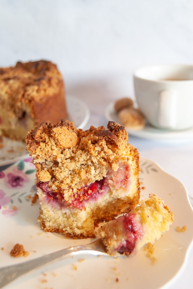 A close up photo of a plum Amaretti crumble cake on a floral plate