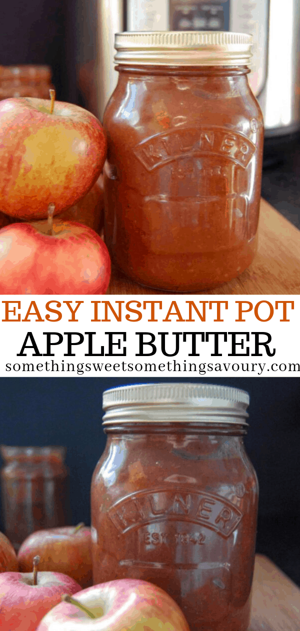 a pinterest image with the words "easy Instant Pot apple butter" in bold text and two photos of a kilner jar filled with apple butter.