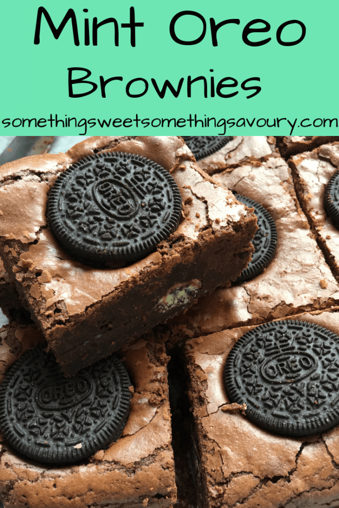 A pinterest image of chocolate brownies topped with a mint Oreo cookie.