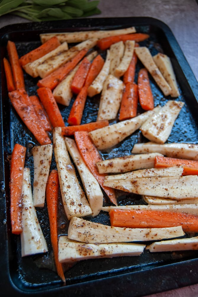 A tray of honey and mustard drizzled parsnips 