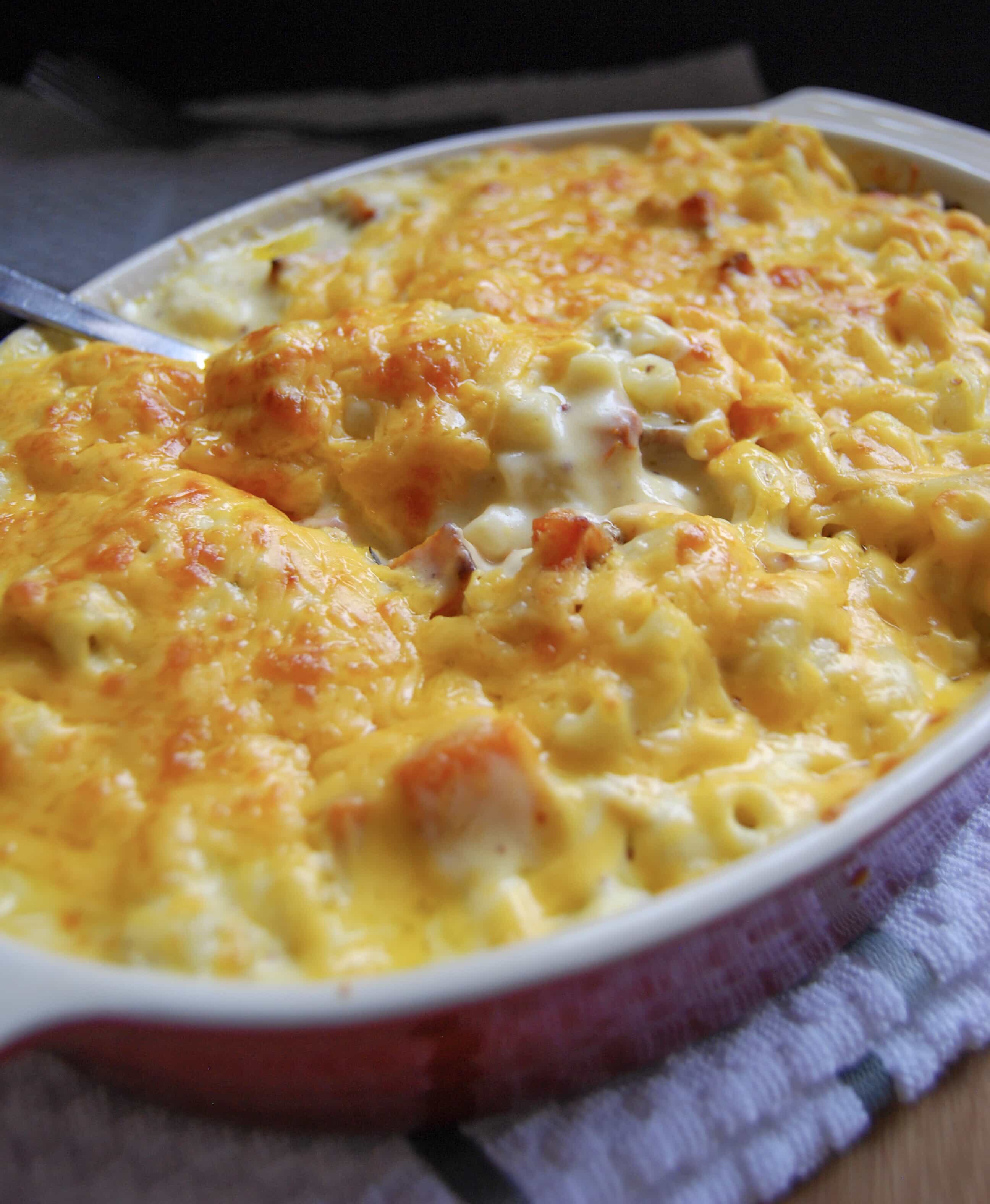 A close up picture of a casserole dish with roasted pumpkin macaroni cheese