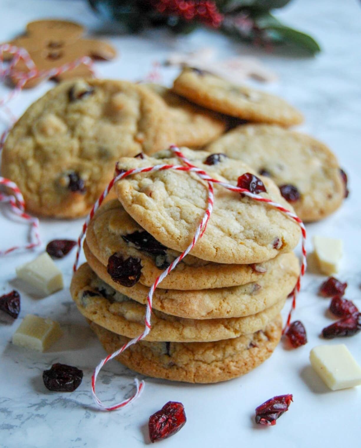 a stack of white chocolate orange and cranberry cookies tied with red and white string. 