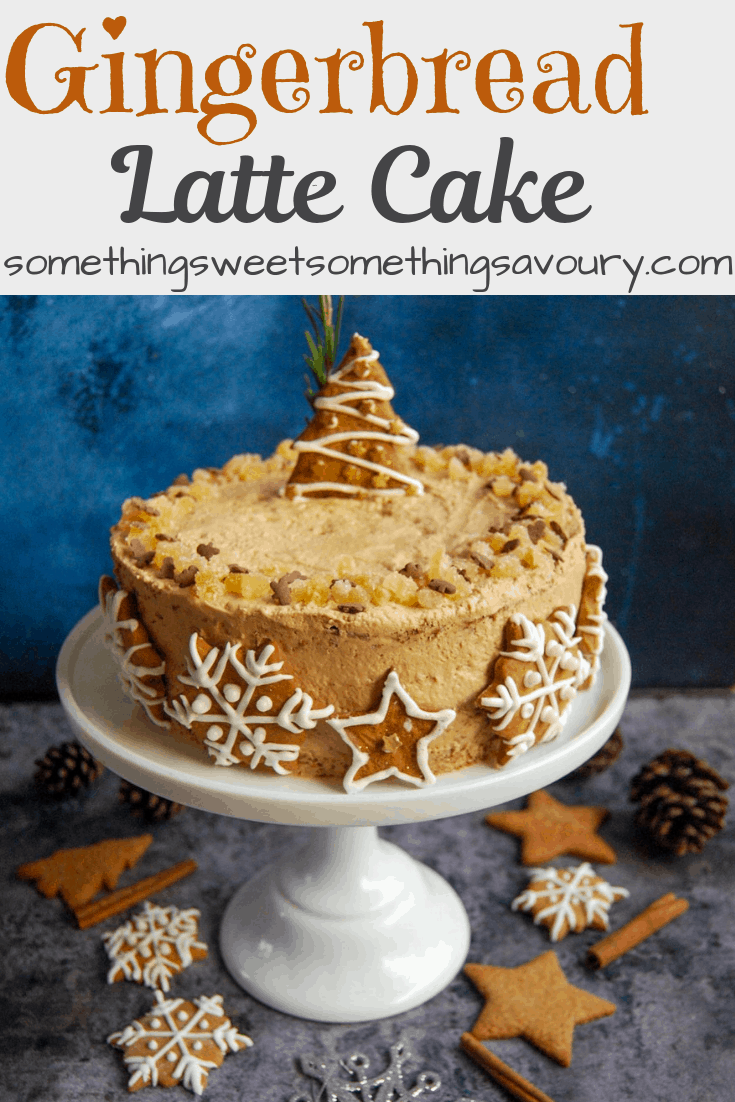 A gingerbread latte cake frosted with Biscoff buttercream decorated with iced gingerbread biscuits. 