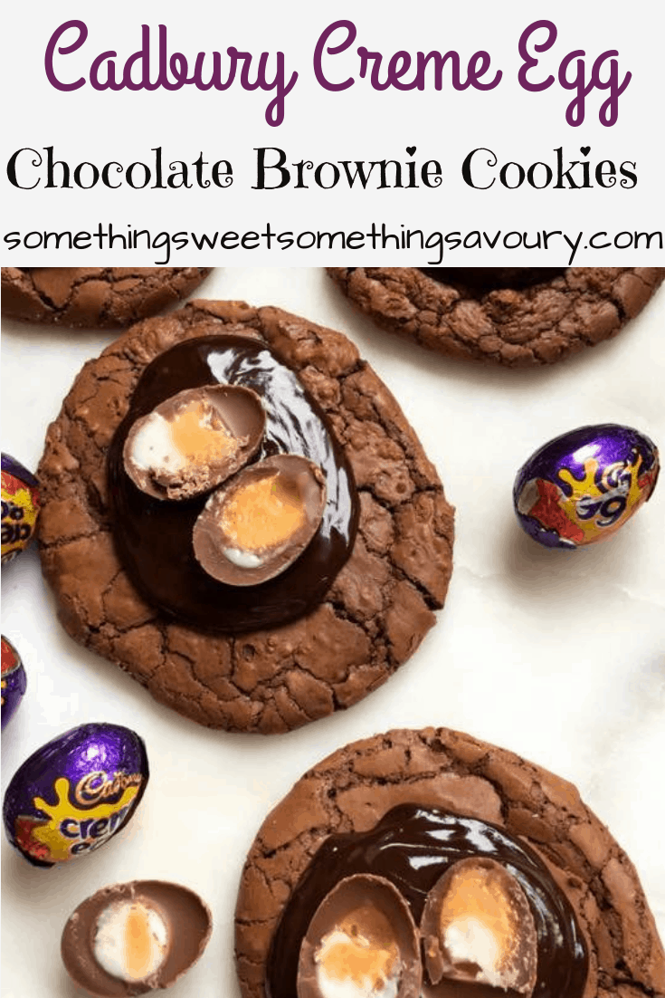 a pinterest pin with the words "cadbury creme egg chocolate brownie cookes" and a photo of chocolate cookies topped with chocolate ganache and a mini creme egg.