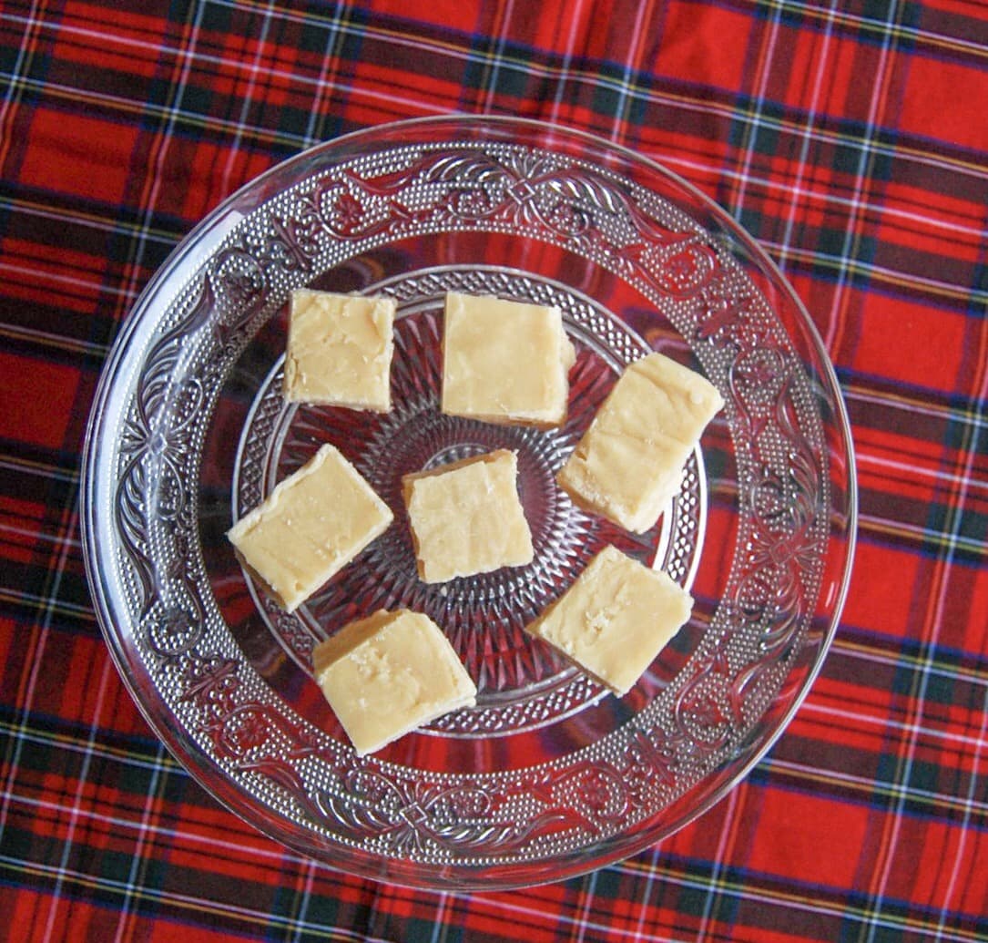 Pieces of Scottish tablet on a mini glass cake stand.