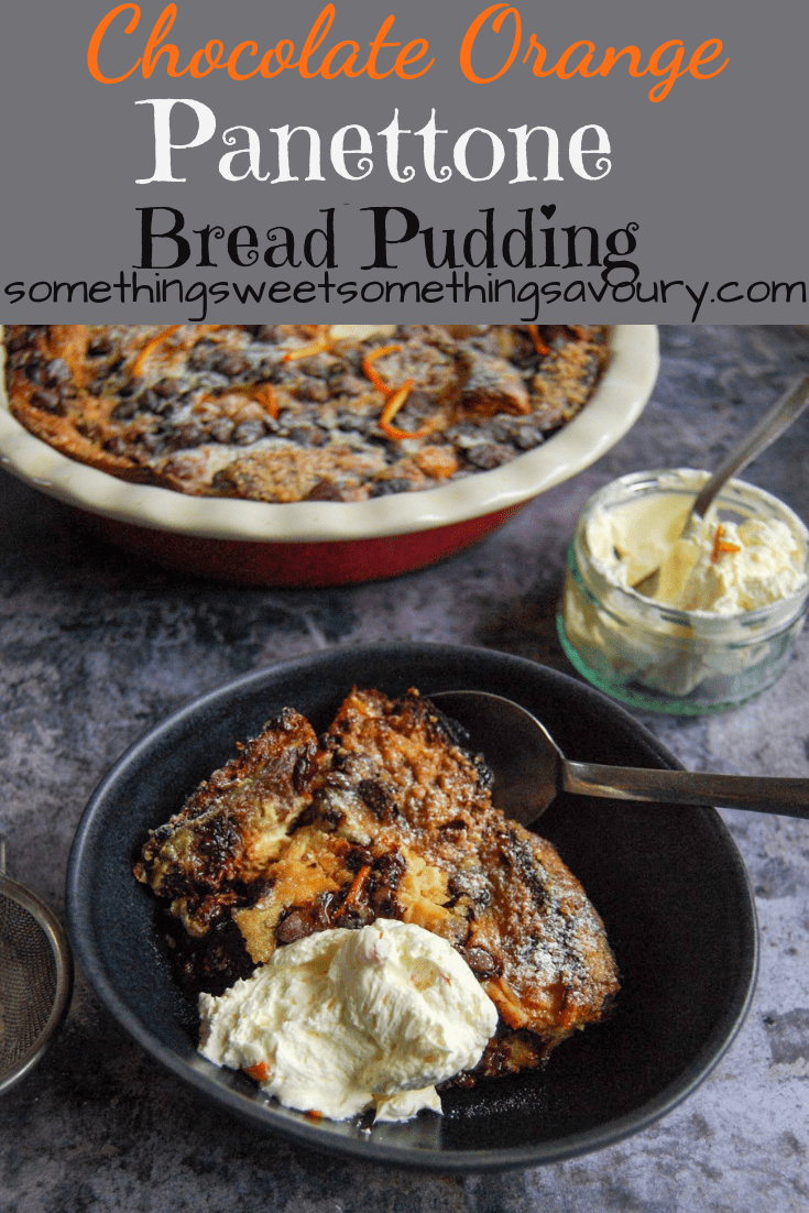 A pinterest pin with the words "chocolate orange panettone bread pudding" with a picture of a bowl of the chocolate bread pudding with whipped cream on the side