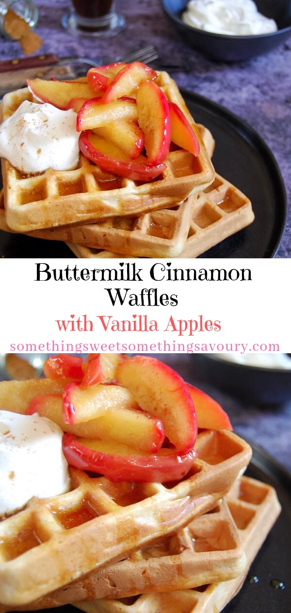 A pinterest pin with the words "buttermilk cinnamon waffles with vanilla apples" in black and pink text on a white background and two photos of a stack of waffles topped with toffee apples and greek yoghurt