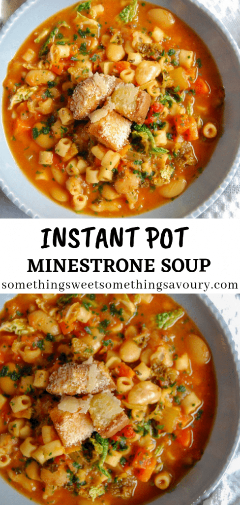 A pinterest pin with the words "Instant Pot Minestrone Soup" and a close up picture of a light blue bowl of Instant Pot Minestone Soup topped with Croutons 