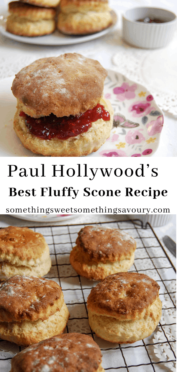 A pinterest pin with the words "paul Hollywood's light & fluffy scone recipe " and a photo of a scone on a floral plate spread with butter and jam