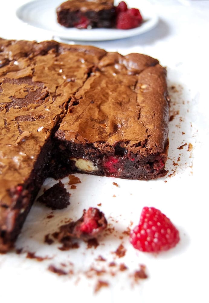 Raspberry and white chocolate brownies - tart, juicy raspberries