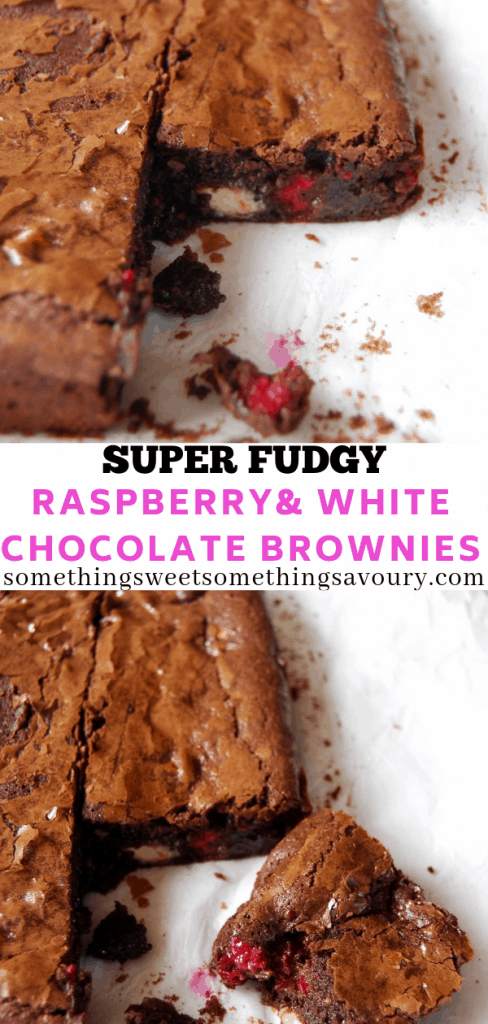 a close up photograph of raspberry and white chocolate brownies on a white background