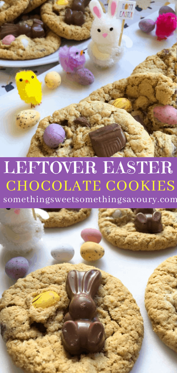 a pinterest pin with the words "leftover Easter chocolate cookies" in white text on a purple background and two pictures of cookies topped with mini eggs and chocolate bunnies