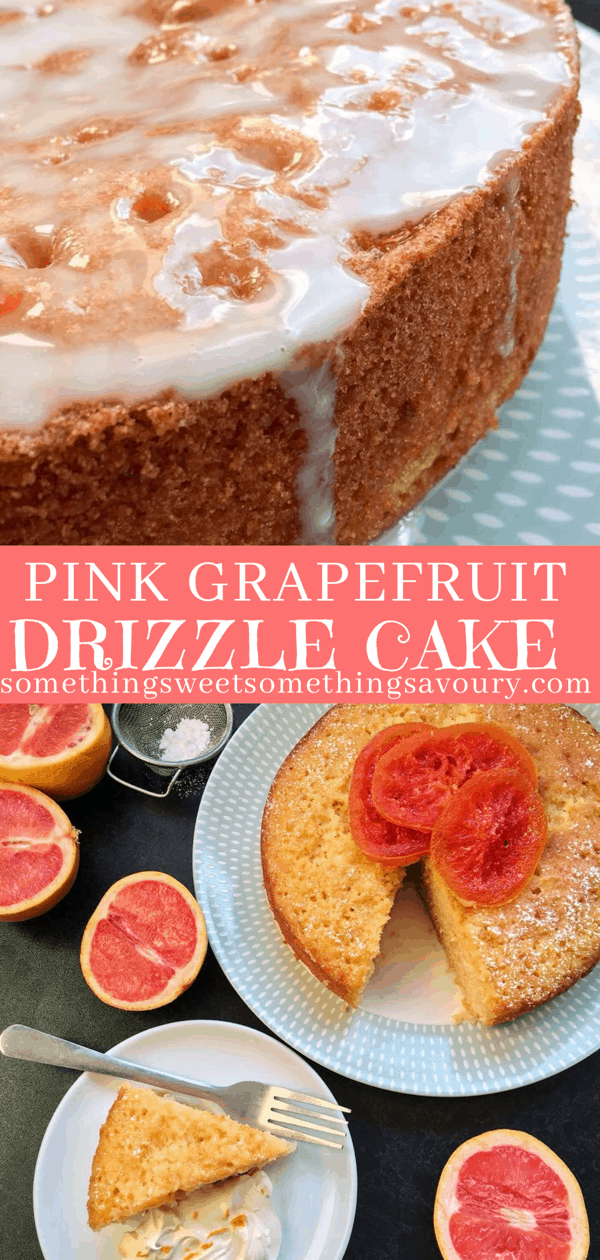 a pinterest pin with the words "pink grapefruit drizzle cake" and two photos of the cake decorated with candied grapefruit slices