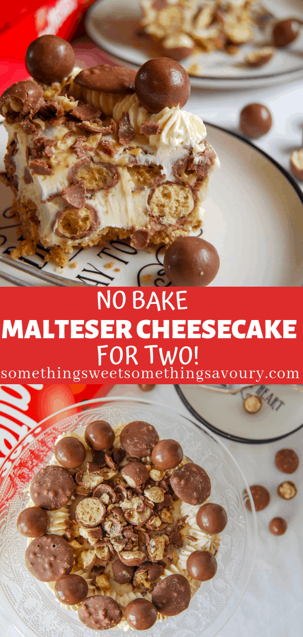 A picture of a mini no bake Malteser cheesecake for two on a white and black plate. 