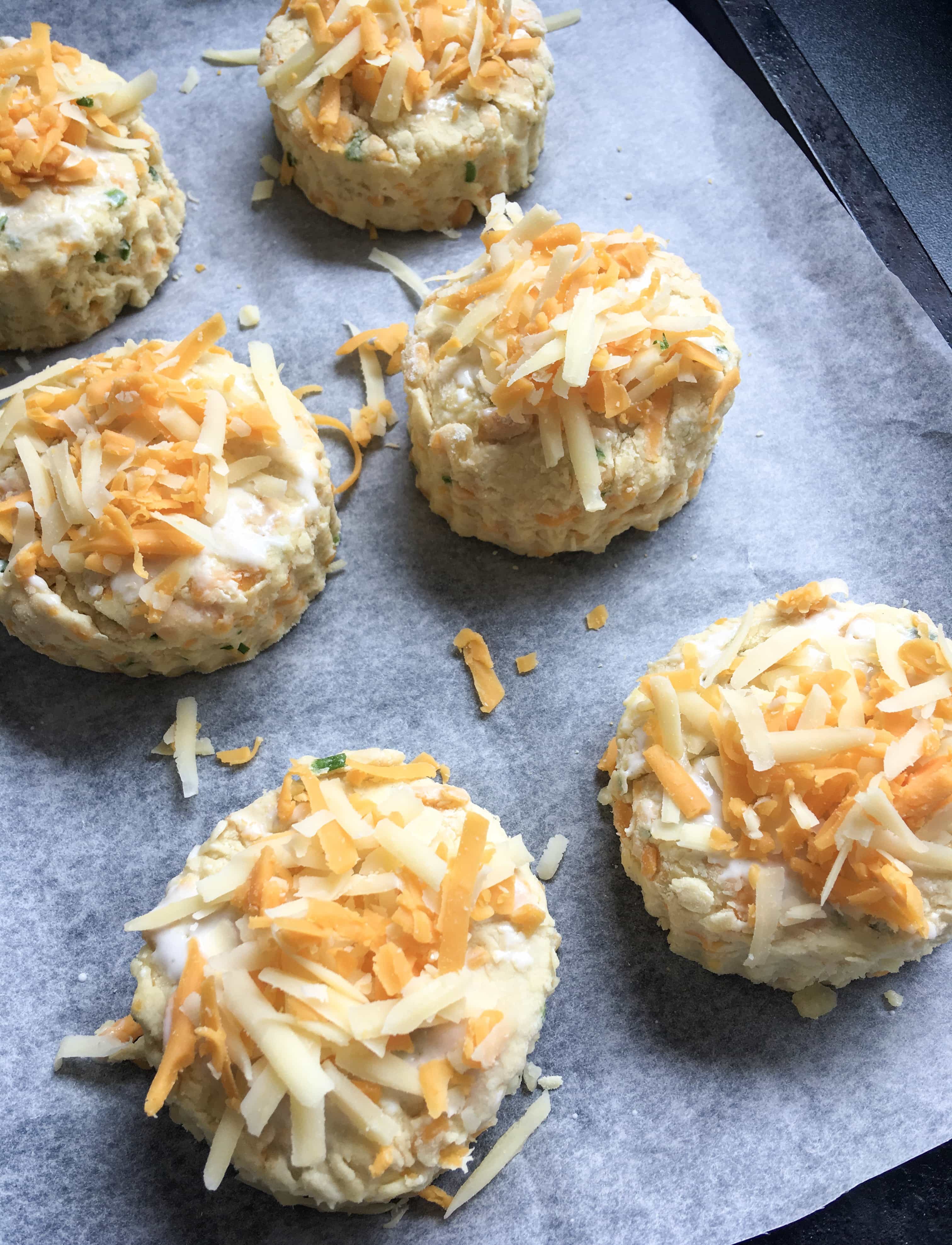 A tray of unbaked cheese scones all ready to go in the oven, sprinkled with lots of red cheddar cheese.