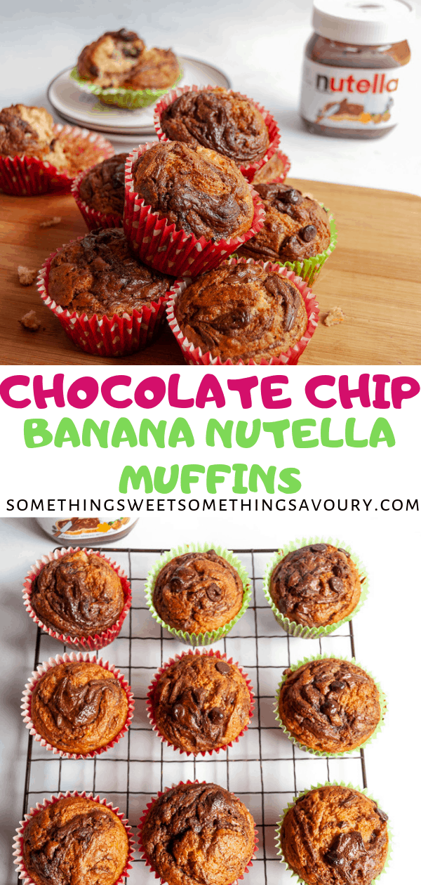 A Pinterest long pin with the words "chocolate chip banana nutella muffins" with two photos of the muffins