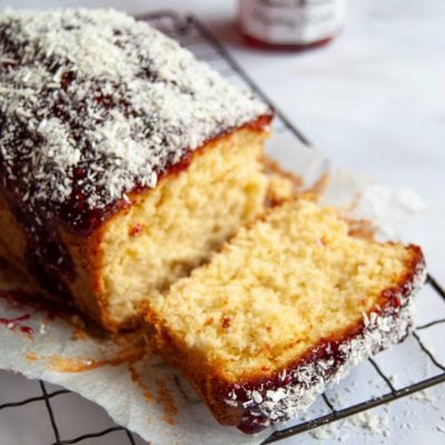 Coconut and raspberry jam loaf cake