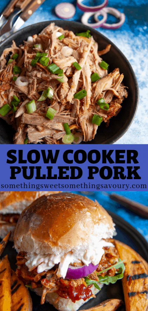 A Pinterest long pin with two photos - photo one is a bowl of slow cooker pulled pork with chopped spring onions on top. Second photo is a pulled pork burger with sweet potato wedges