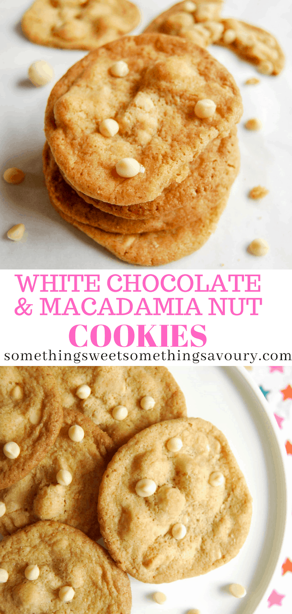 A photo of a stack pf white chocolate macadamia nut cookies.