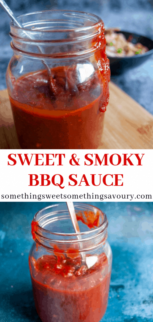 A pinterest pin of two photos of a jar of smoky BBQ sauce.