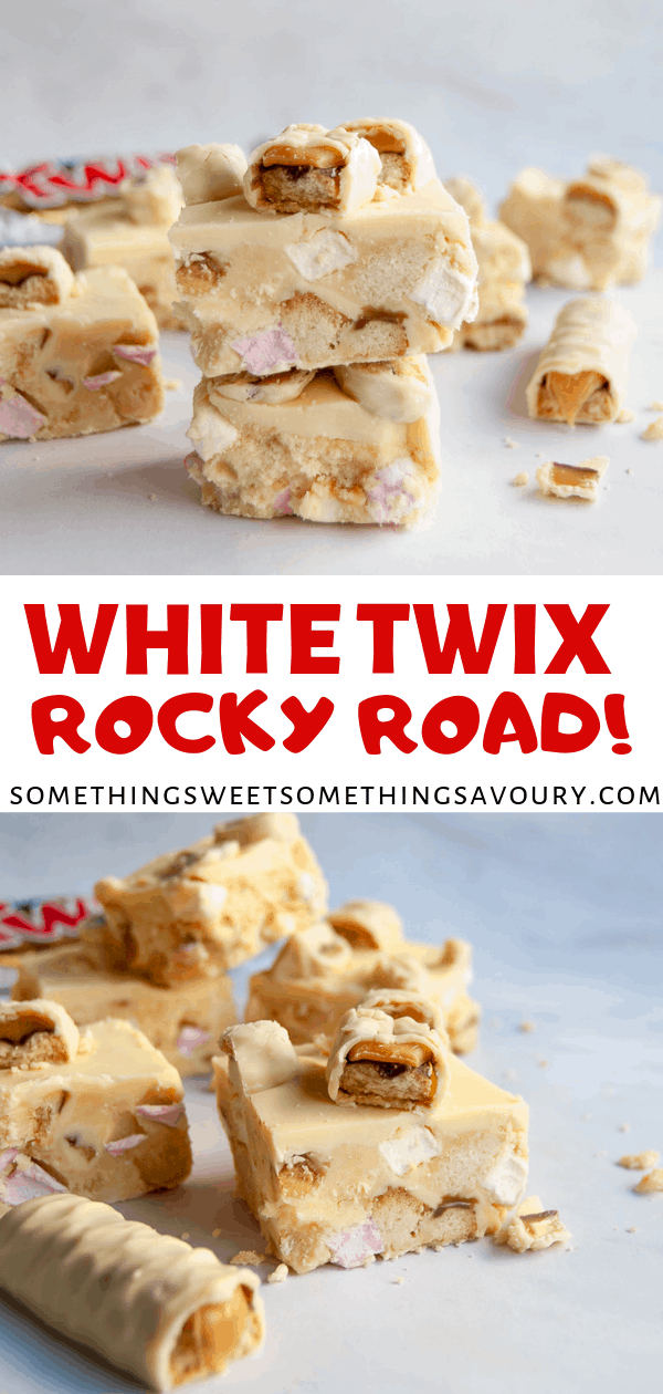 A pinterest long pin of two photos of white chocolate rocky road