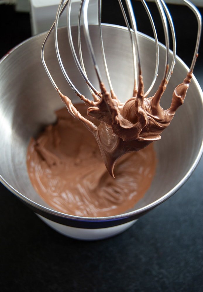 A Kitchenaid Mixer whisking chocolate mousse