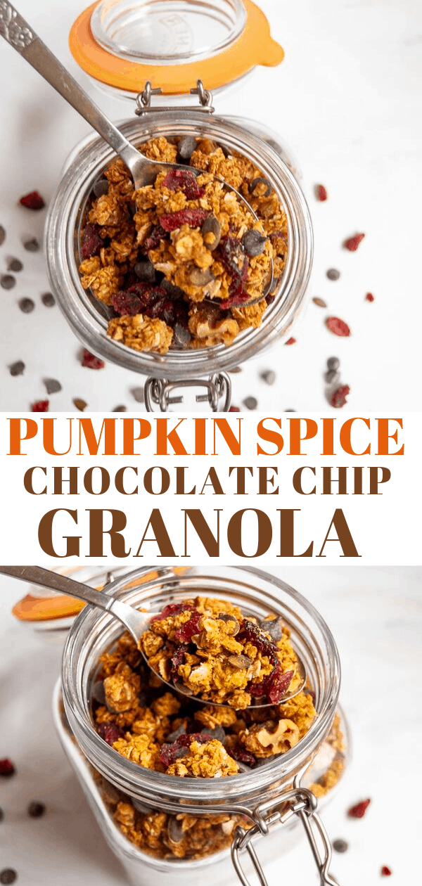 A Pinterest pin with two images of a jar of granola with dried cranberries, pumpkin seeds and chocolate chips. 