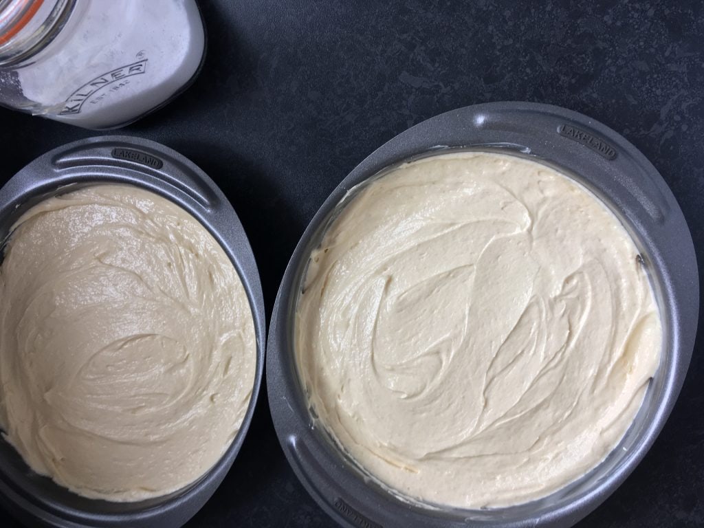 two unbaked sponge cakes in round cake tins