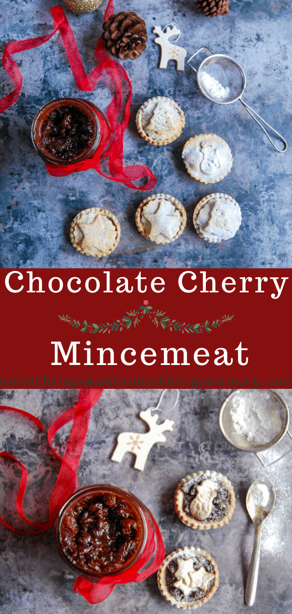 A Pinterest pin with the words "Last minute chocolate Cherry Mincemeat" and two photos of a jar of mincemeat tied with a red ribbon