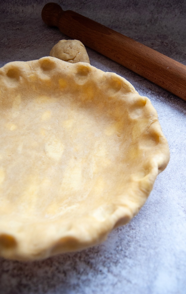 an unbaked pie shell on a grey background