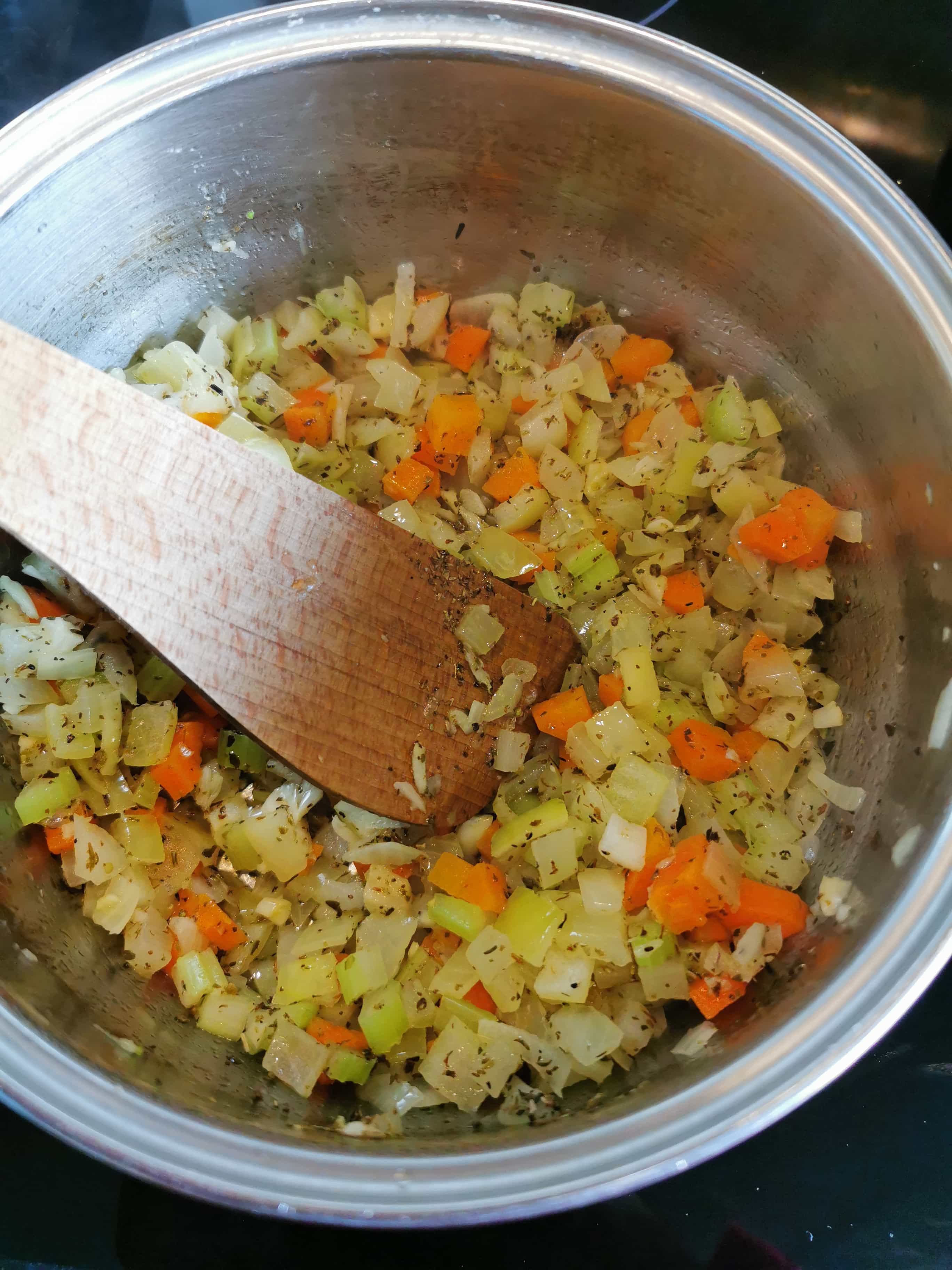 a pan of "soffrito" - onions, celery and carrot