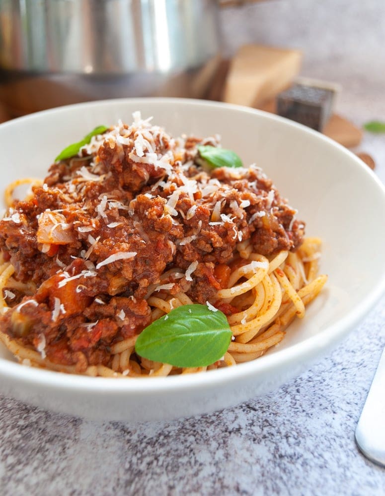 A bowl of spaghetti bolognese with grated parmesan and fresh basil leaves on a white and grey background