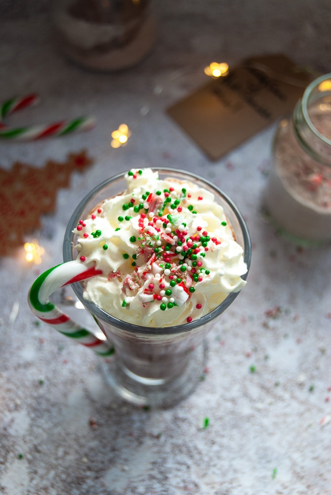 A glass of Candy Cane Hot Chocolate with whipped cream, green and white Christmas sprinkles and a candy cane resting on the edge of the glass.