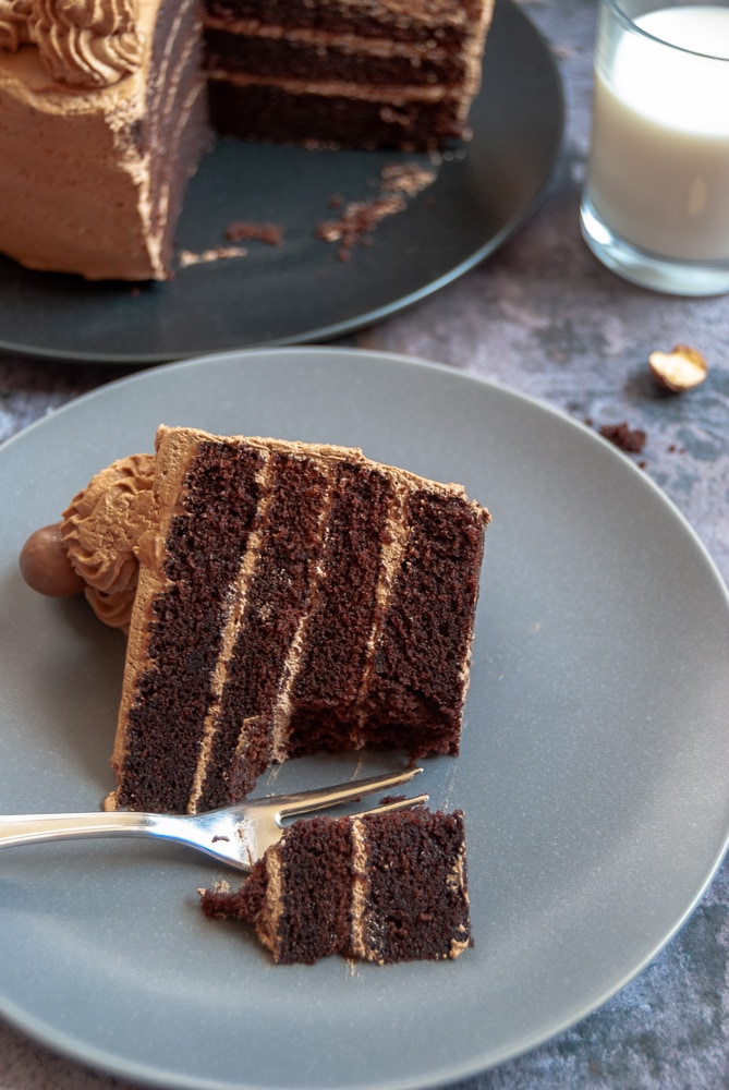 A piece of chocolate cake with a fork on a grey plate 