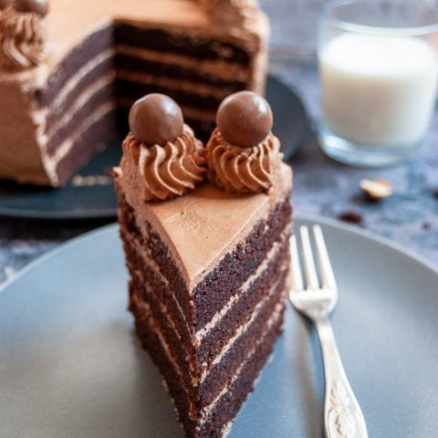 A slice of a four layer chocolate cake topped with chocolate frosting and Maltesers.