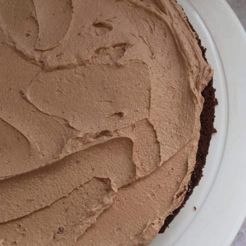 A chocolate sponge covered in chocolate icing on a white cake decorating turntable