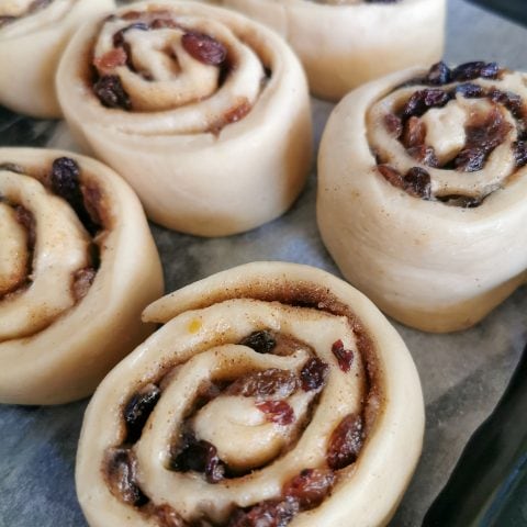 Unbaked Chelsea buns on a baking tray